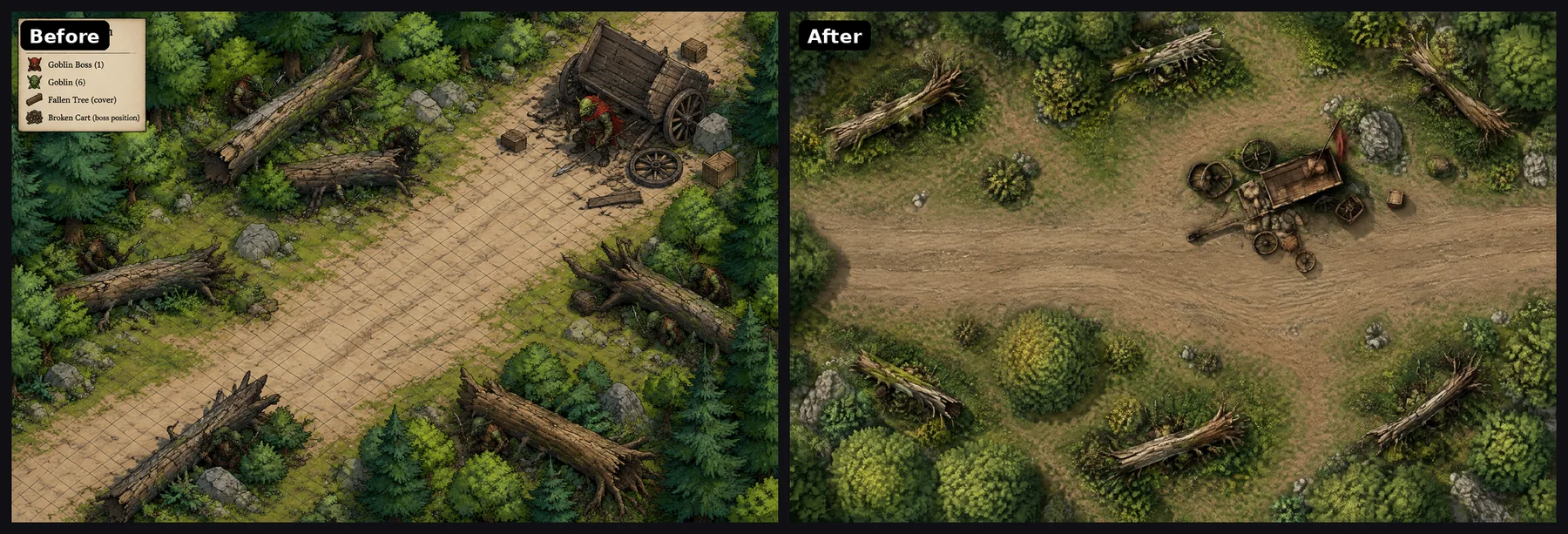 A goblin ambush on a forest road. Before: an angled view with a legend, a grid on the road and a goblin in the scene. After: a top-down road with fallen logs and a broken cart, and no text or creatures