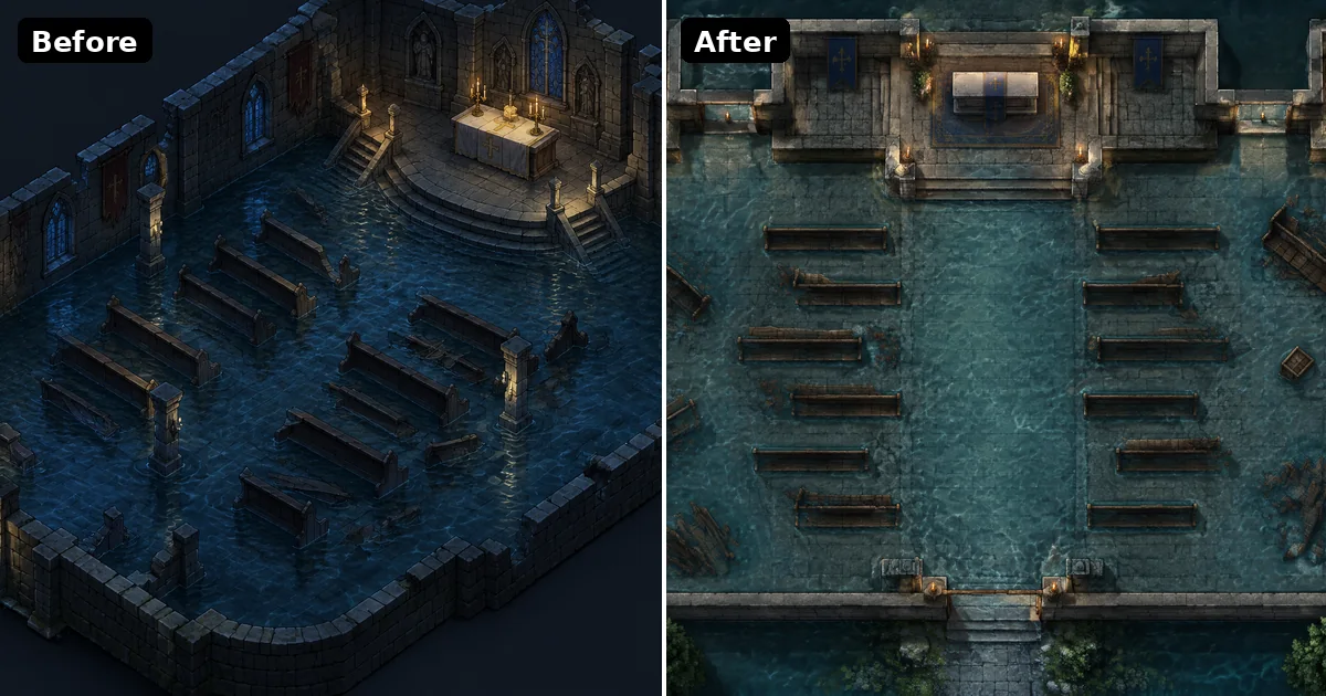 The same flooded chapel battlemap before and after the prompt change: an isometric view on the left and a top-down view on the right