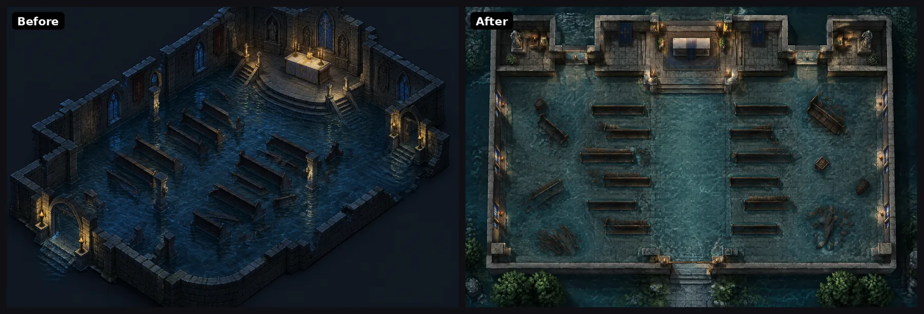 A flooded chapel. Before: isometric, with the walls seen from the side. After: top-down, with walls as flat bands and the pews in rows