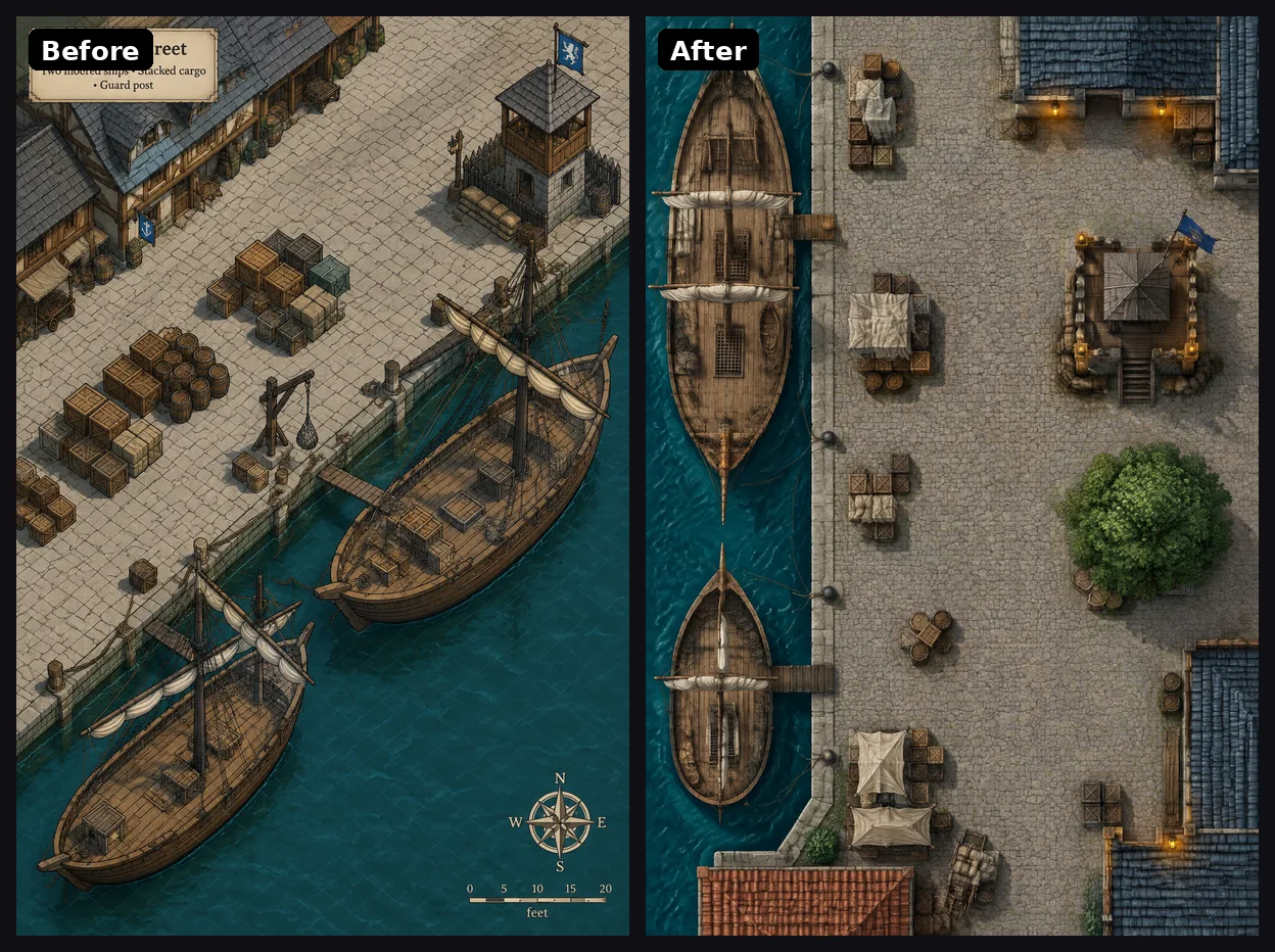 A harbour street in portrait. Before: angled, with a title card, compass and scale bar. After: top-down, with two ships at the quay, stacked cargo and a guard post