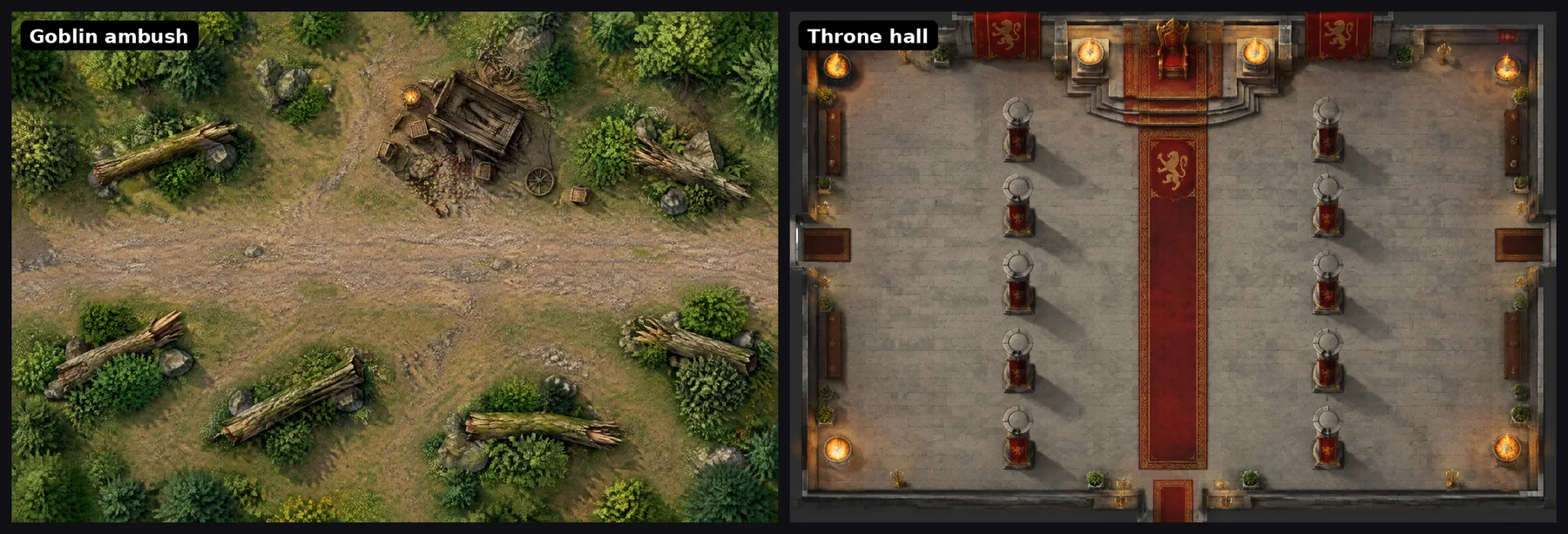 Two maps from the live flow after release. Left: the goblin ambush as a forest road with fallen logs and a broken cart. Right: the throne hall with a red carpet, two rows of pillars, braziers and banners