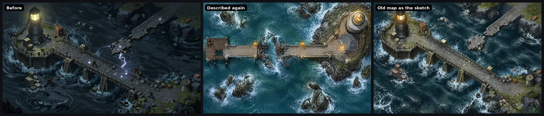 The lighthouse causeway. Before: an angled causeway in a storm with lightning, fighters and a shark. Described again: a top-down causeway from a pier to the lighthouse island through rough sea. Old map as the sketch: the same angled causeway, without the fighters, the shark and the lightning