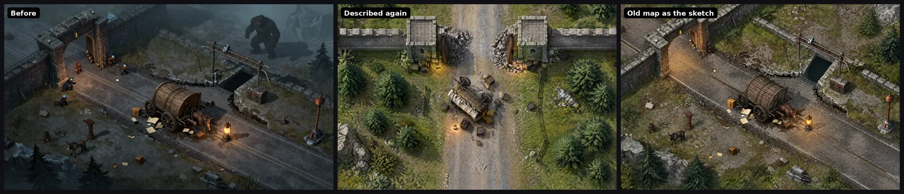 The ambush at the gate. Before: an angled road through a fortress gate with a troll and fighters. Described again: a top-down road through a broken gate with an overturned wagon and pine trees. Old map as the sketch: the same angled view as before, without the troll and the fighters, with the mules still there