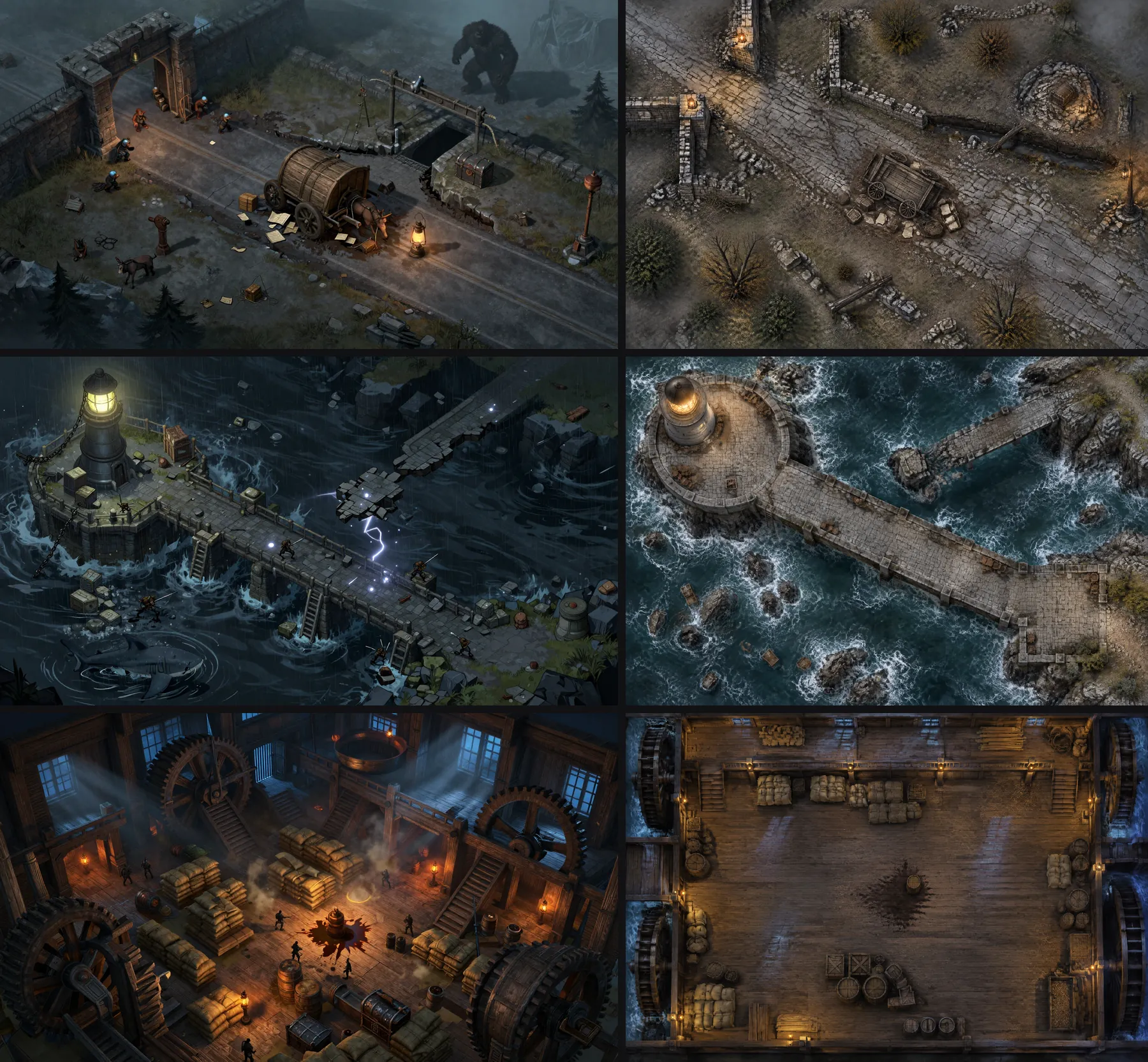 Three old angled maps used as the sketch on the battlemap page, before and after. Top: the ambush at the gate, now a top-down road through the broken gate with the wagon in the middle and no troll or mules. Middle: the lighthouse causeway, now top-down with the lighthouse in the corner and the broken causeway to the shore, with no shark or fighters. Bottom: the timber mill, now a top-down floor with water wheels on both sides and sacks along the walls, with no fighters
