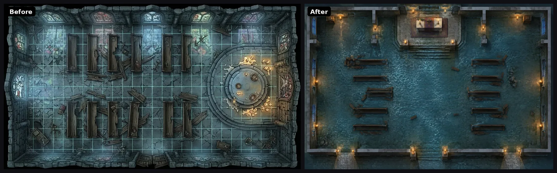 The flooded chapel from the battlemap page. Before: a dry stone floor with a bright grid painted over the pews. After: a flooded top-down chapel with no grid