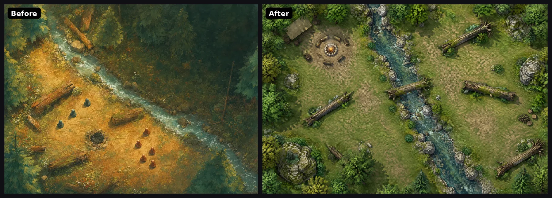 The forest clearing from the battlemap page. Before: a hex grid and eight miniature figures painted into the clearing. After: a top-down clearing with a stream crossing, fallen logs and a campfire, and no figures