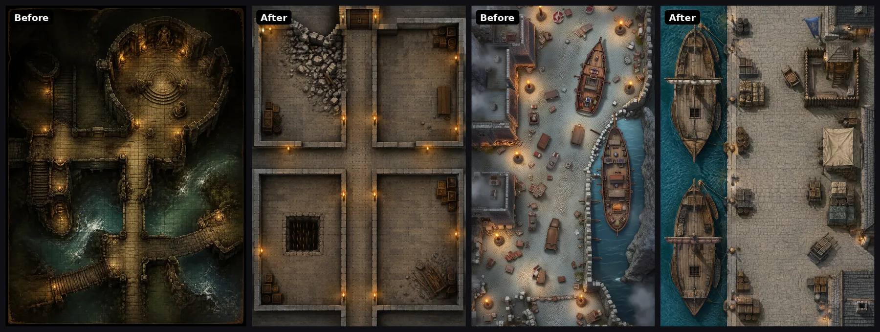 Two portrait maps from the battlemap page. The dungeon: before, a dark temple over water with a fine painted grid; after, a stone crossroads with a collapsed wall, a pit trap and one door. The harbour: before, a busy street at a slight angle with fog at the edges; after, a flat quay with two ships, stacked cargo and a guard post