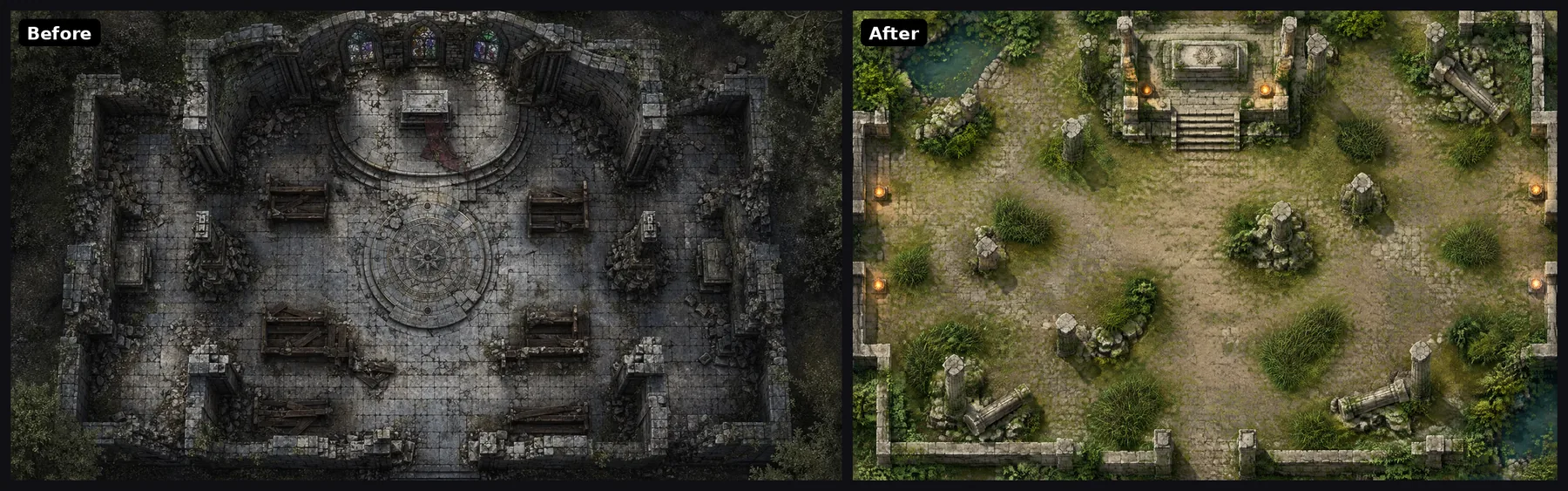 The overgrown temple ruin from the battlemap page. Before: an intact stone chapel with benches. After: an open ruin with broken pillars, a raised altar and patches of tall grass