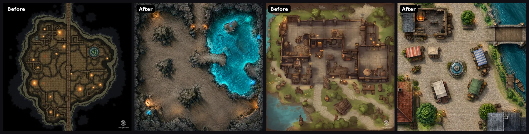 Two square maps from the battlemap page. The cavern: before, a cave outline with building walls and a straight road through it; after, a cave with a glowing pool, rock ledges and a narrow way through. The village square: before, a crowded block of buildings with no bridge; after, a square with a smithy, a bridge over the river and market stalls