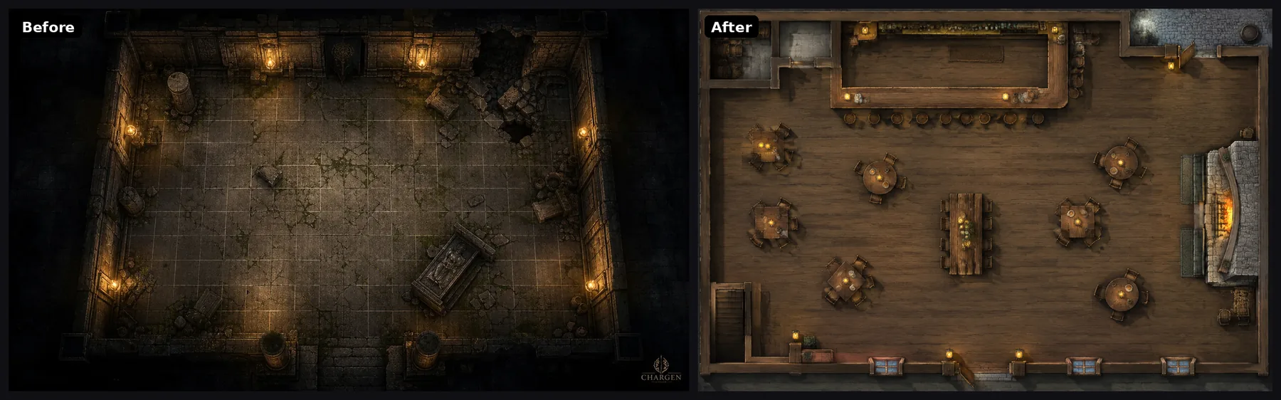 The tavern from the battlemap page. Before: an empty stone hall with a coffin. After: a tavern floor with a long bar, round tables, a hearth and a back door