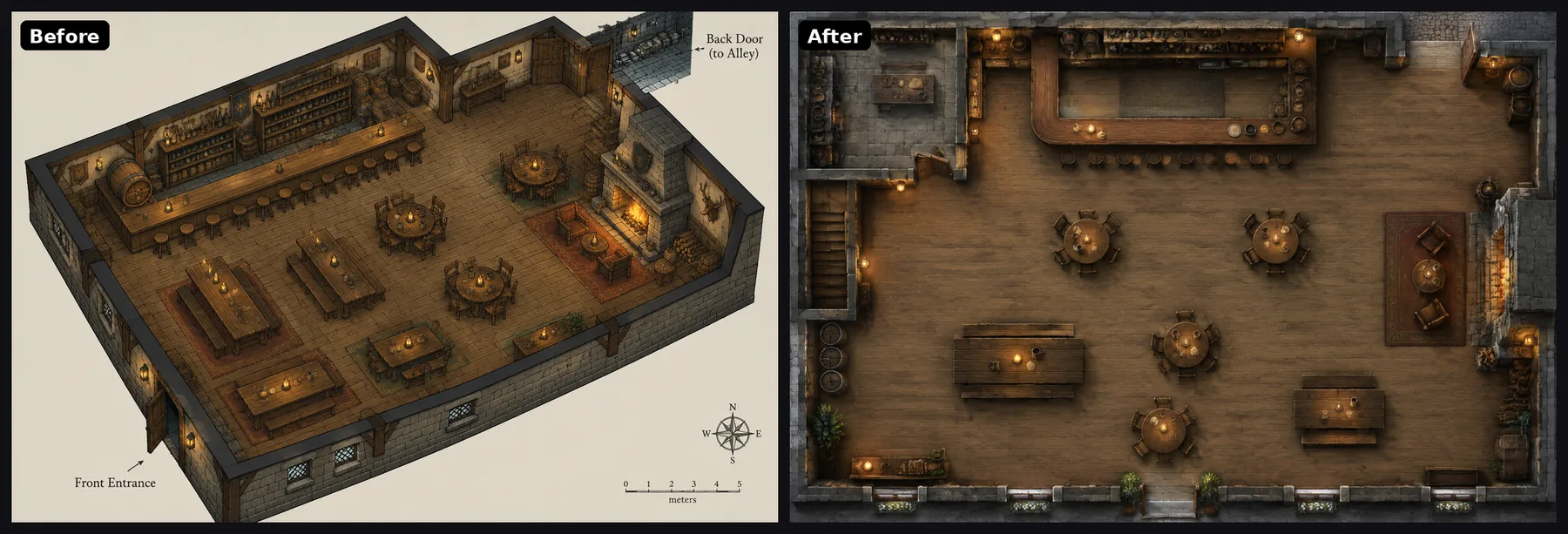 A tavern. Before: an isometric cutaway with labels, a compass and a scale bar. After: a top-down floor with a long bar, round tables and a hearth