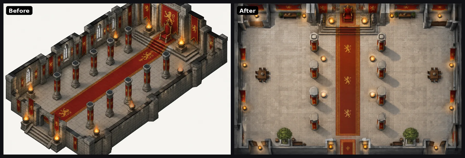 A throne hall. Before: isometric on a white background. After: top-down, with a long red carpet between two rows of pillars