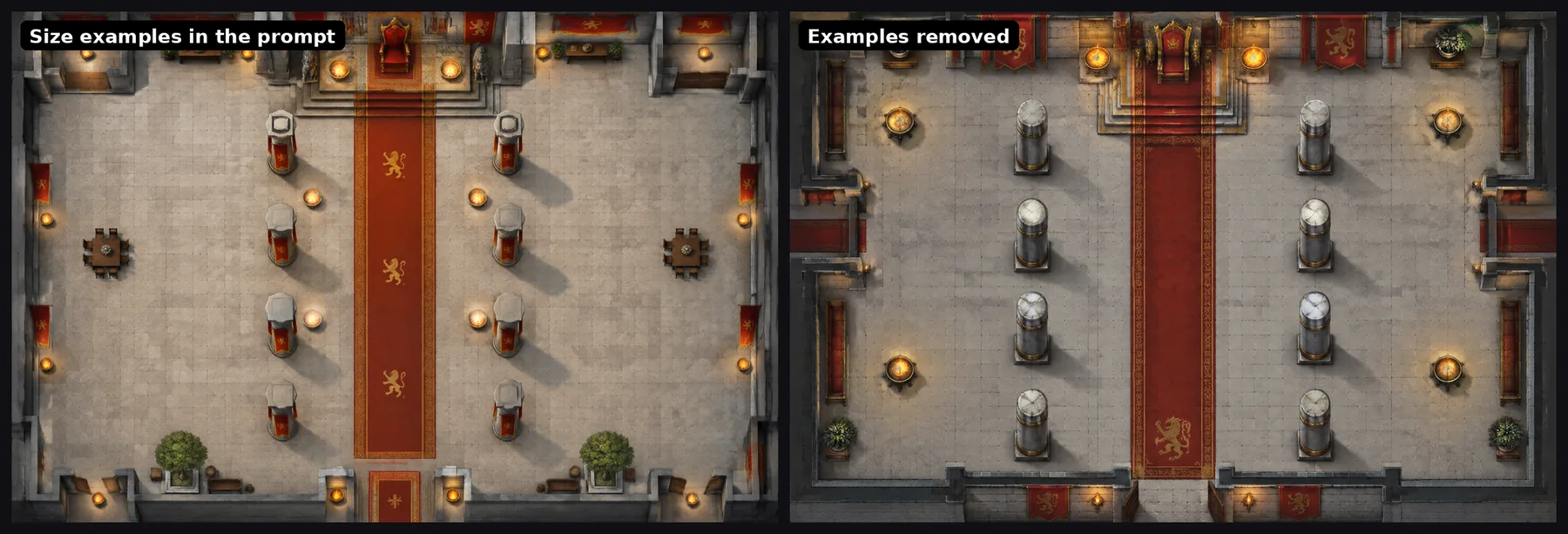 A throne hall. Left: the first new prompt, with potted trees and small tables. Right: after the fix, with pillars, braziers and banners only