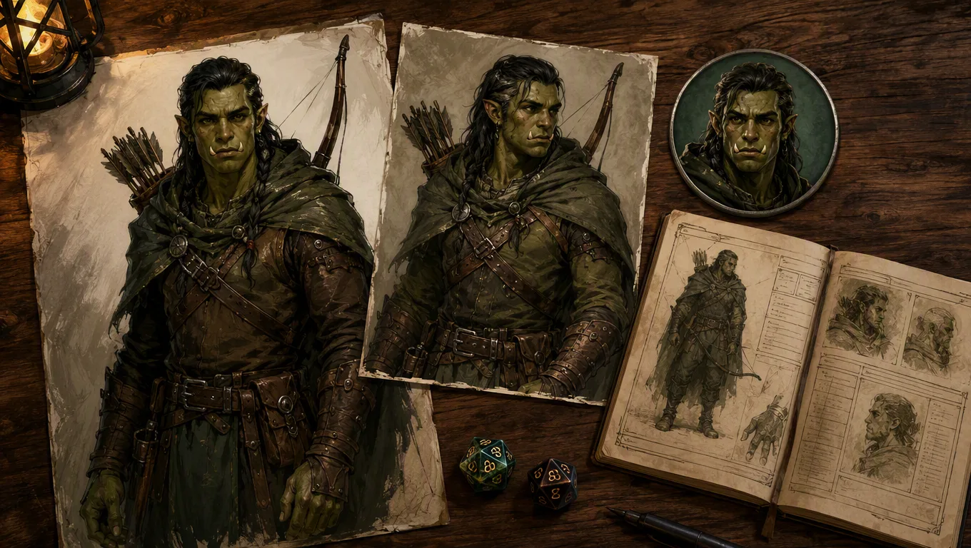 A half-orc ranger character reference board with front and three-quarter portraits, a circular token crop, character sheets, and D&D dice