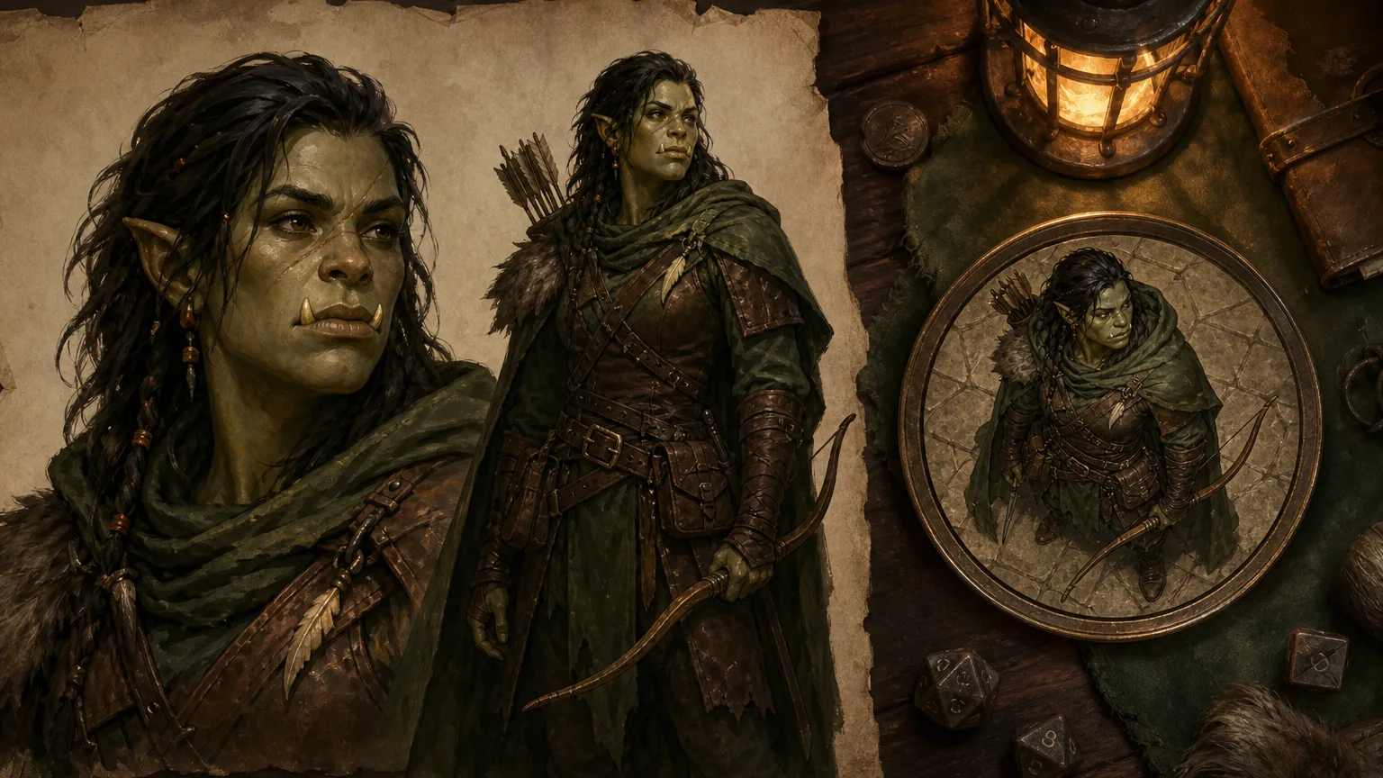 A half-orc ranger shown as a close portrait, full figure, circular tabletop token, dice, and fantasy equipment reference