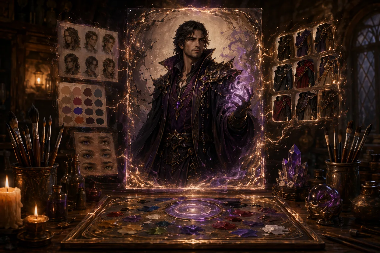 CharGen character art generation workflow showing prompt input, style selection, and the resulting fantasy character portrait with connected tools