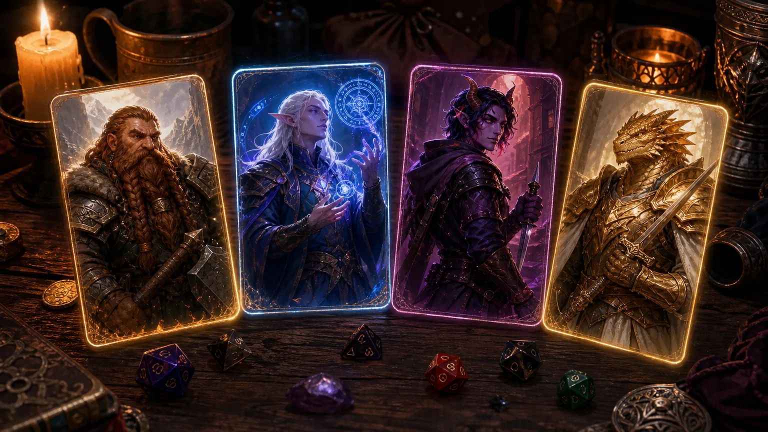 Fantasy character art portraits displayed on a tavern table with D&D dice, showing a dwarf warrior, elf mage, tiefling rogue, and dragonborn paladin