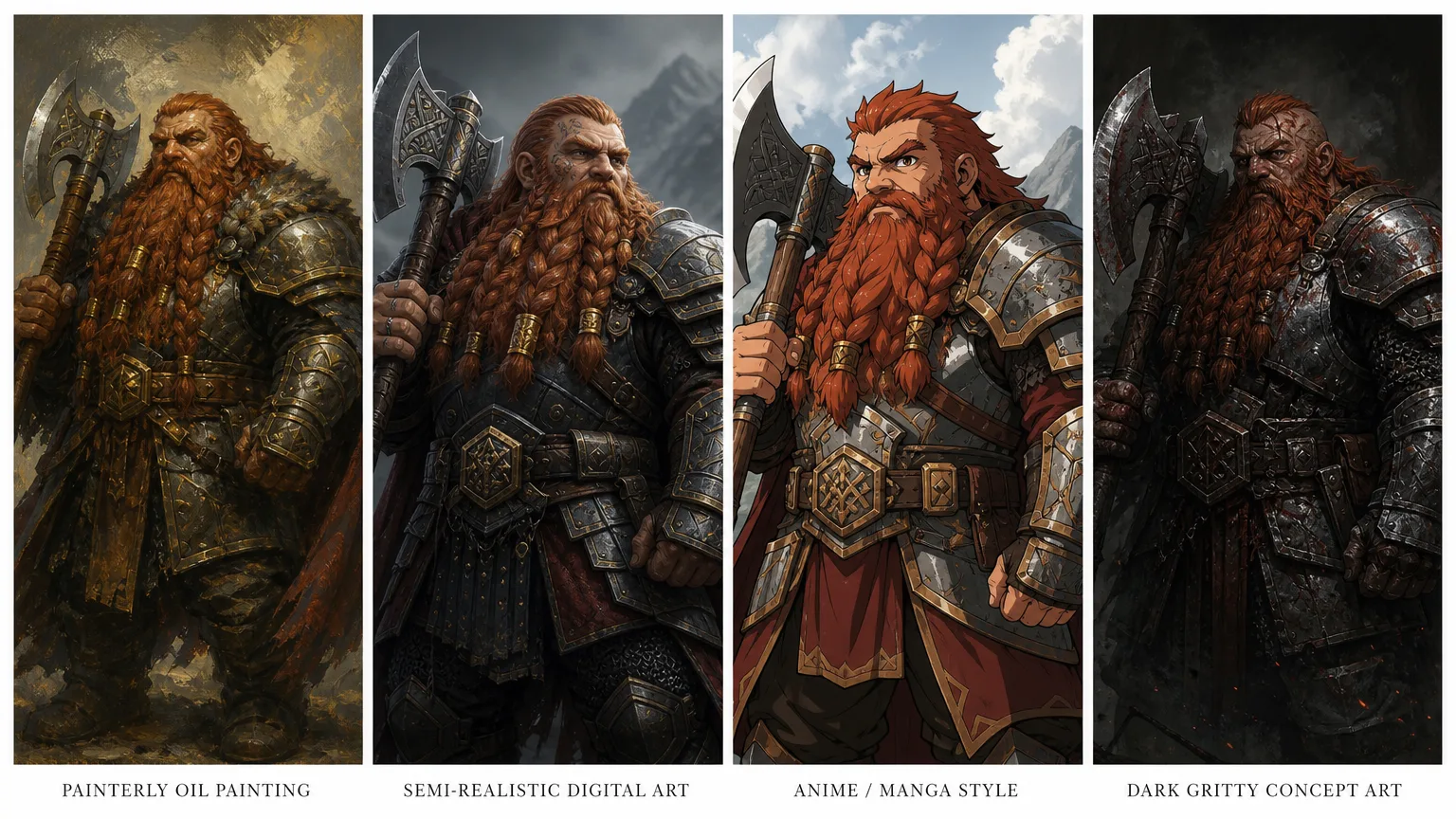 Comparison of AI character art styles showing painterly, semi-realistic, and anime outputs from different generators