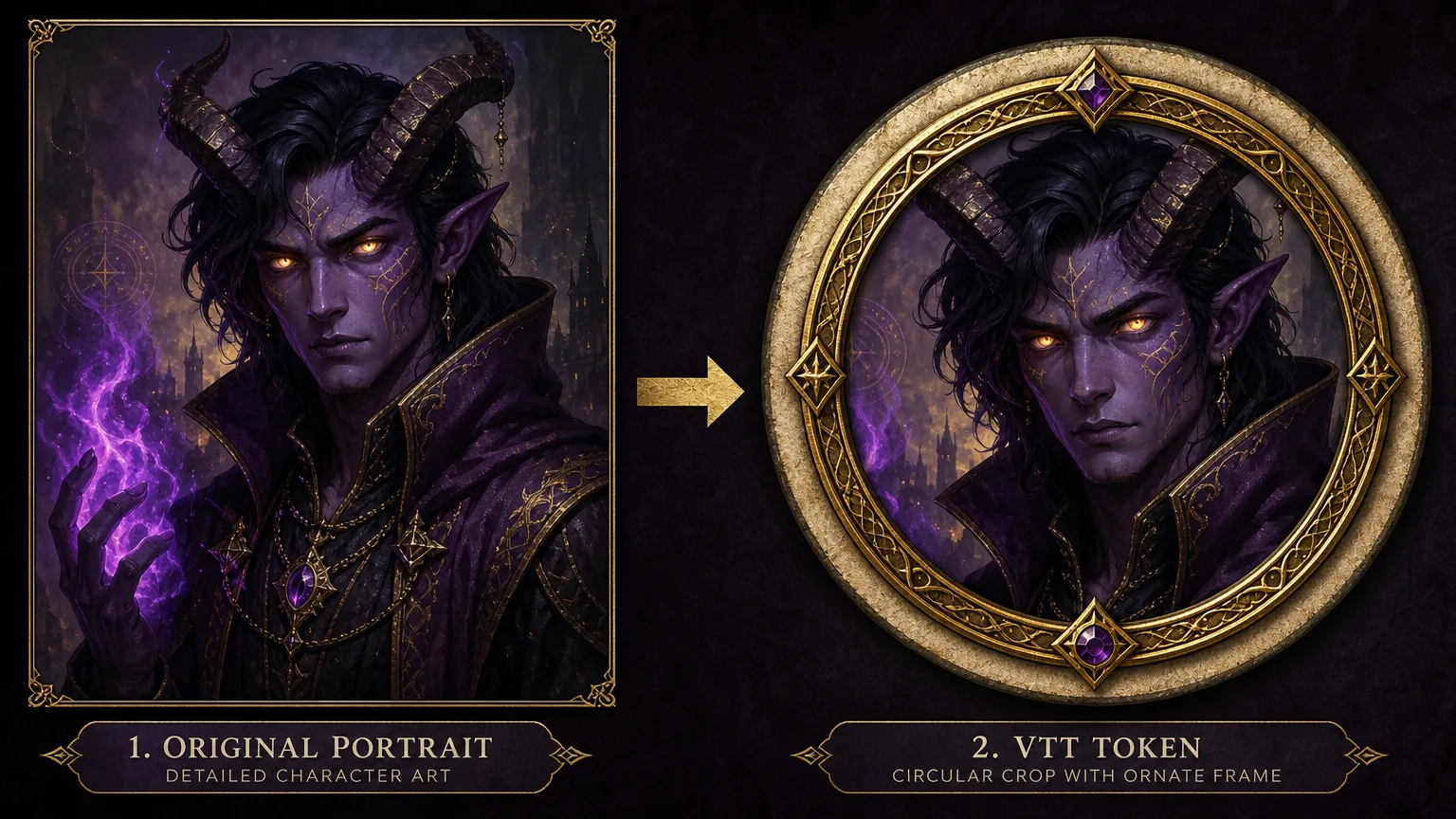 A fantasy token maker workflow showing a character portrait being converted into a circular VTT-ready token with decorative frame