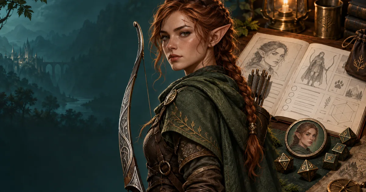 Half-elf ranger portrait beside a character sheet and matching round VTT token on a D&D table