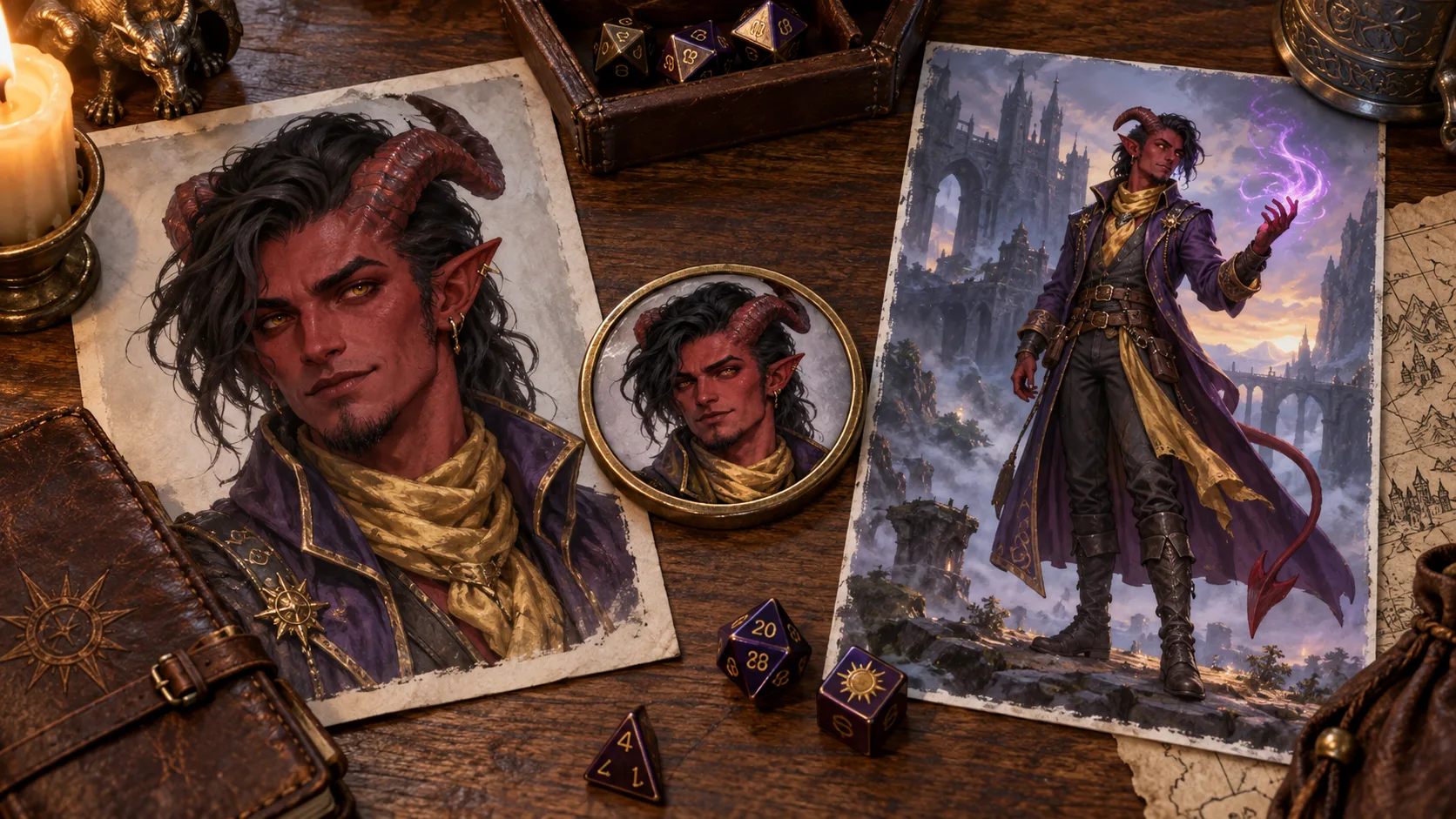 A tiefling warlock shown as a portrait, a matching circular token, and a full-body campaign scene