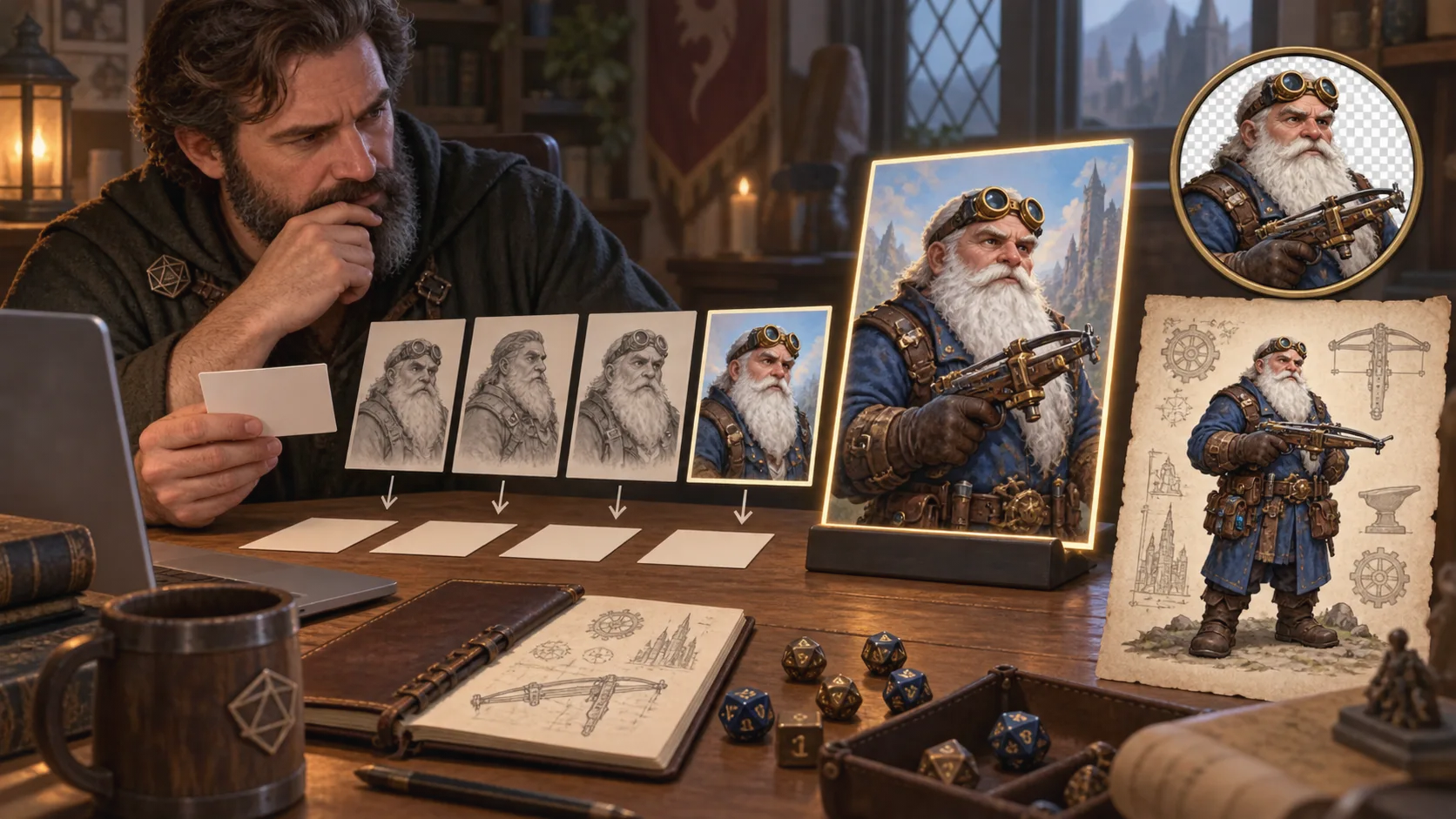 A dwarf artificer moves from a structured brief to a portrait, a transparent token crop, and a campaign handout