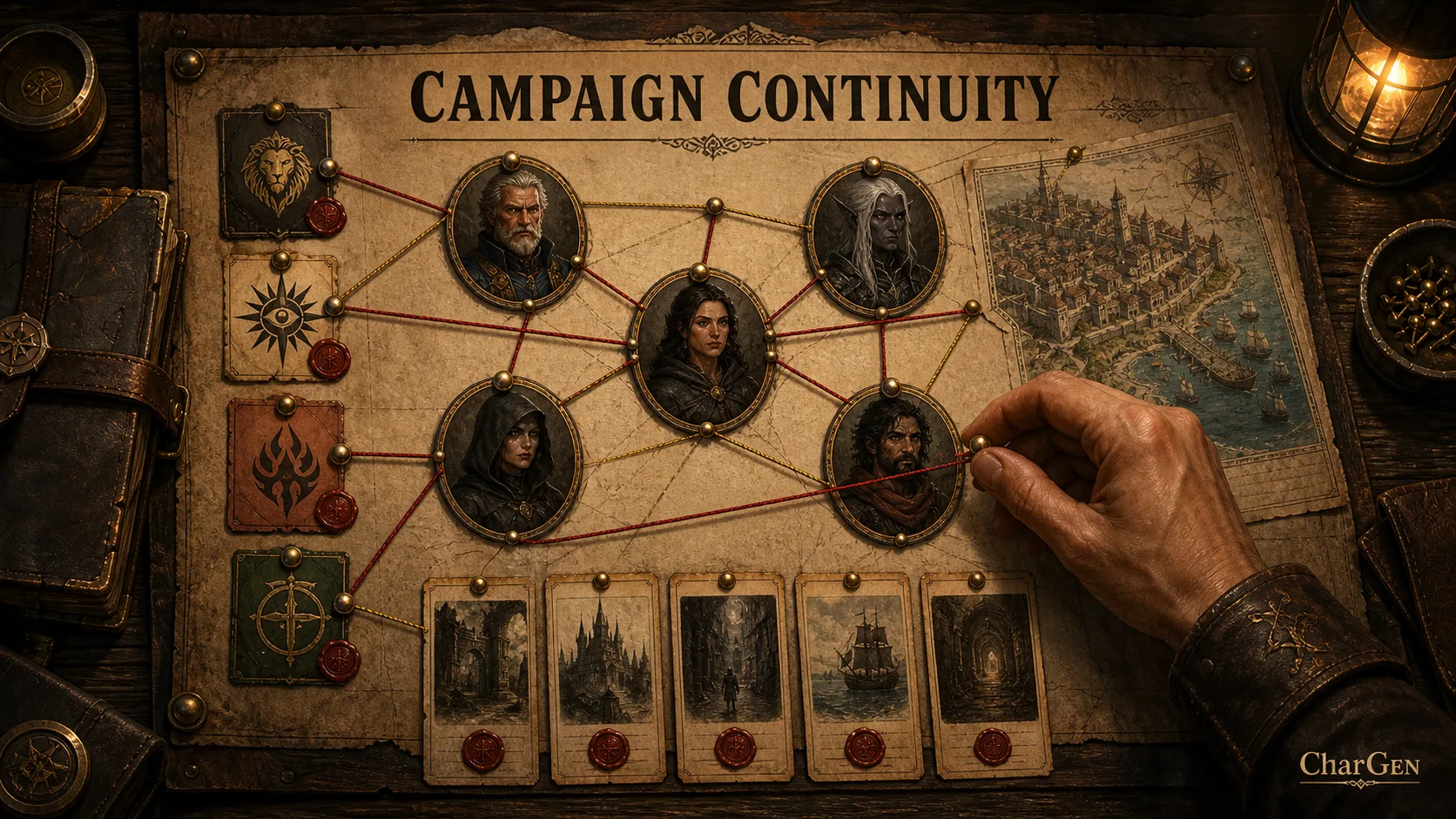 Campaign continuity board linking recurring NPC portraits, faction sigils, a city map and dated session cards with coloured thread