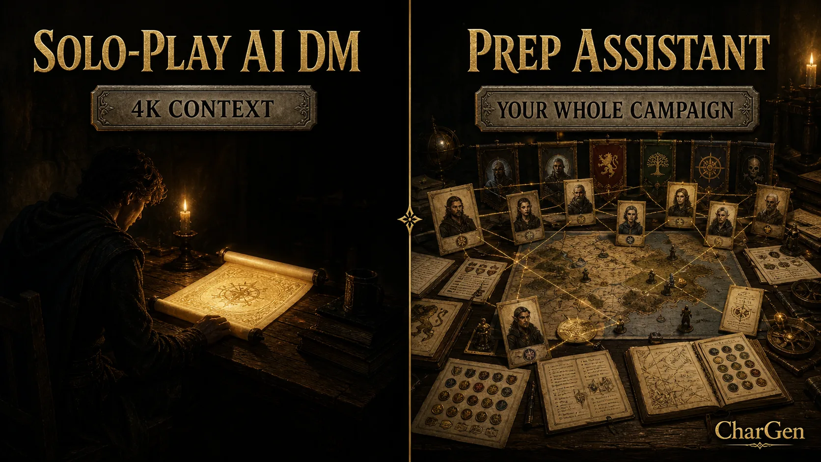 Comparison graphic contrasting a solo-play AI dungeon master limited to a 4k context window with an AI prep assistant that keeps a whole campaign linked