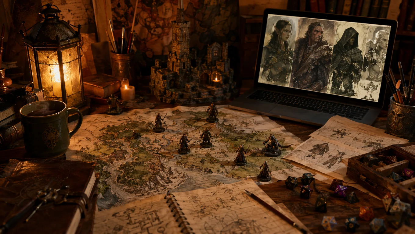 Dungeon master's prep desk the night before a session, with maps, miniatures, handwritten notes and a glowing screen of NPC portraits