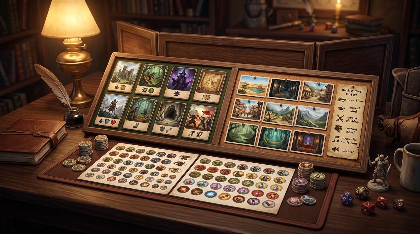 Campaign prep board combining recap notes, token sheets, scene references, and short-form audio cue planning