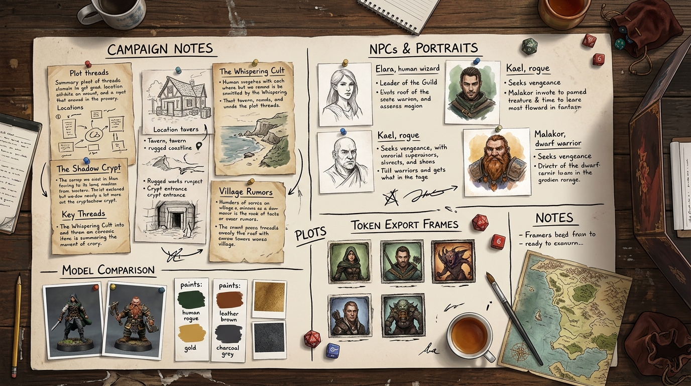 Planning board showing a Dungeon Master workflow that links NPC portraits, summary notes, model checks, and token exports