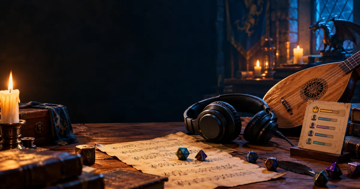 A fantasy music brief beside a blind AI model leaderboard on a Dungeon Master's table