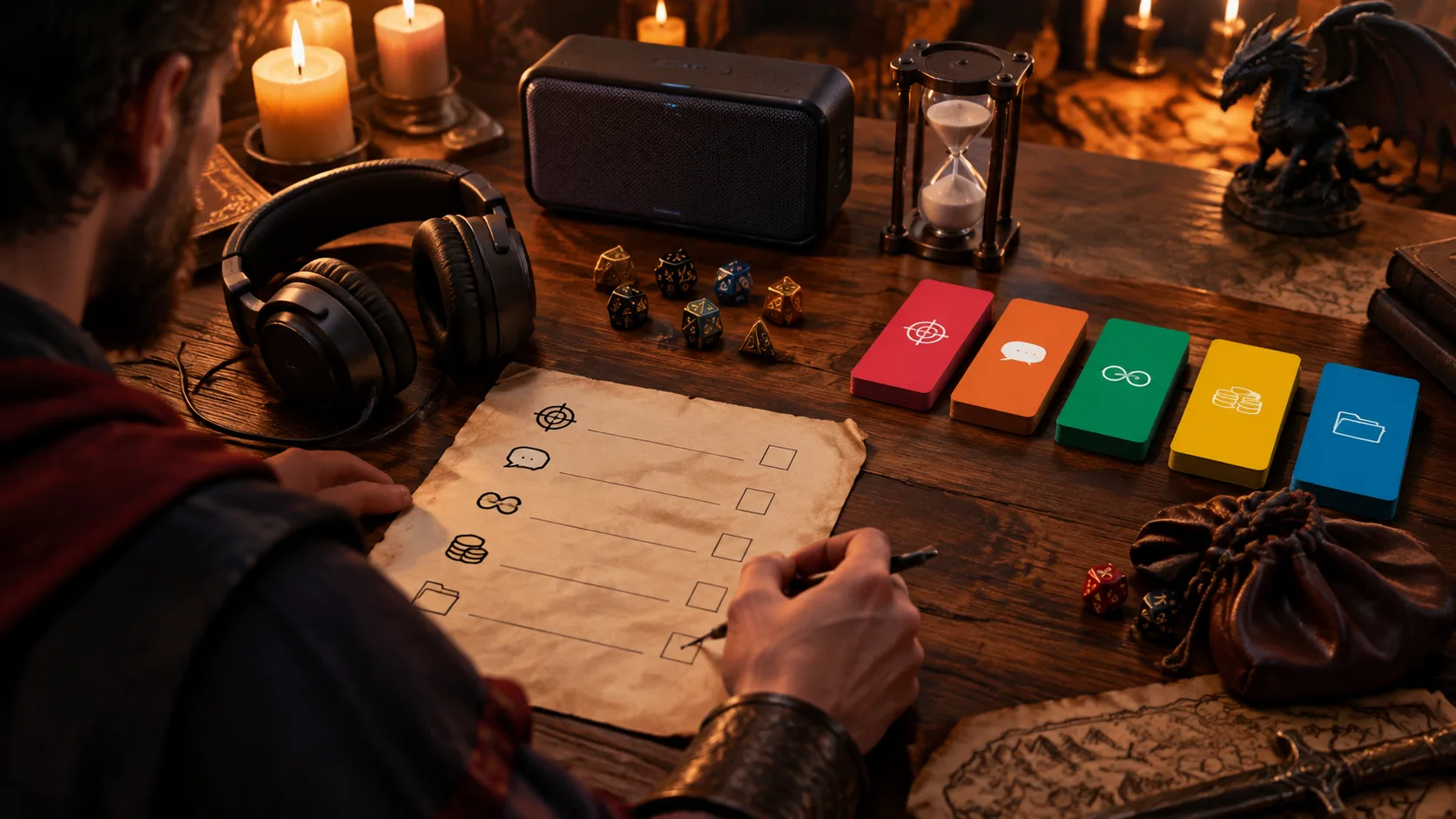 A D&D session music checklist compares prompt accuracy, speech space, loop behaviour, cost, and handoff