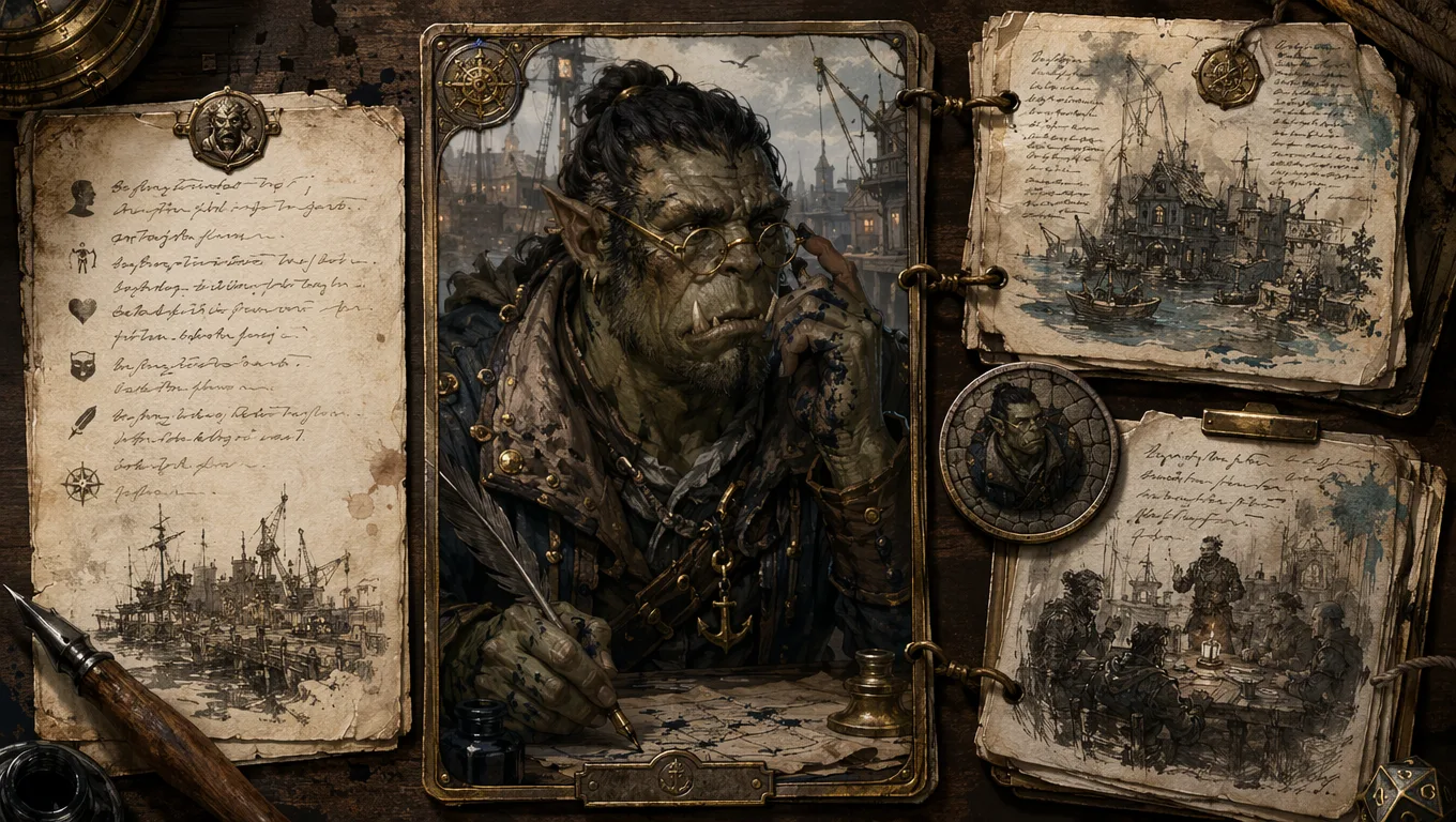 CharGen-style AI NPC generator workflow showing a prompt card becoming a half-orc harbour quartermaster portrait, VTT token, and campaign recap note