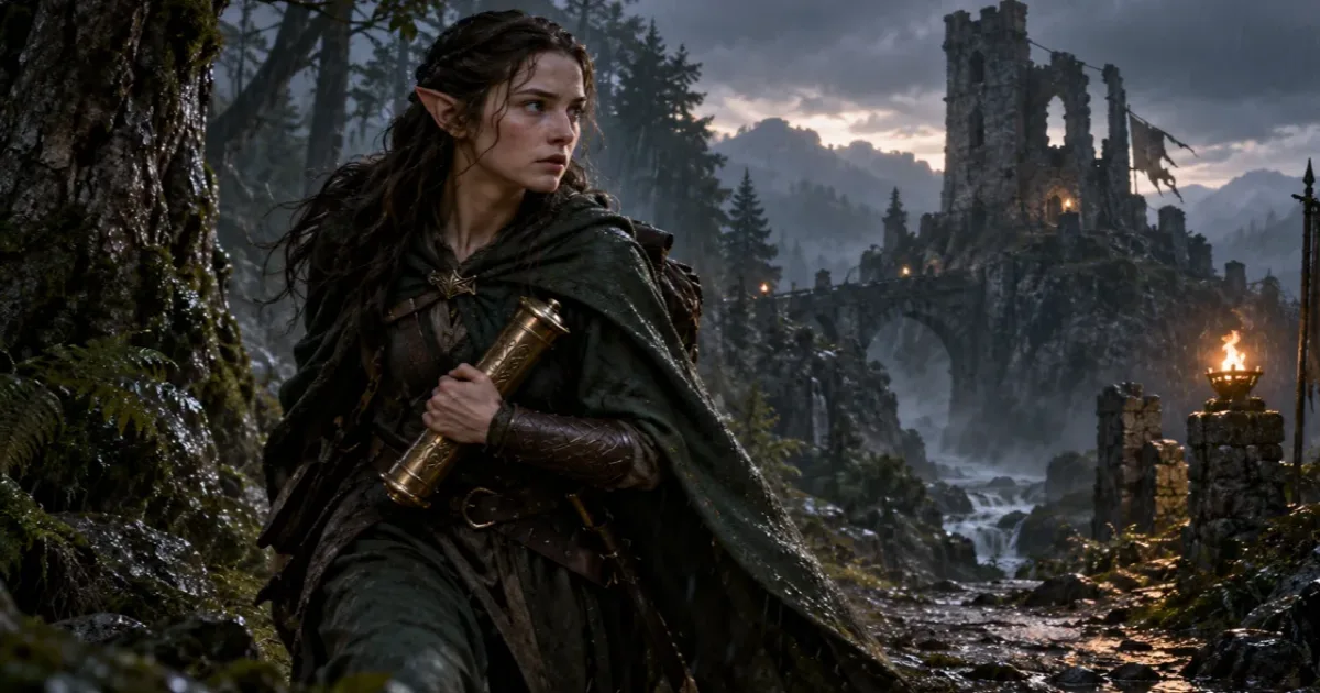 A fantasy courier crosses a rain-dark forest in a frame for an AI video model comparison