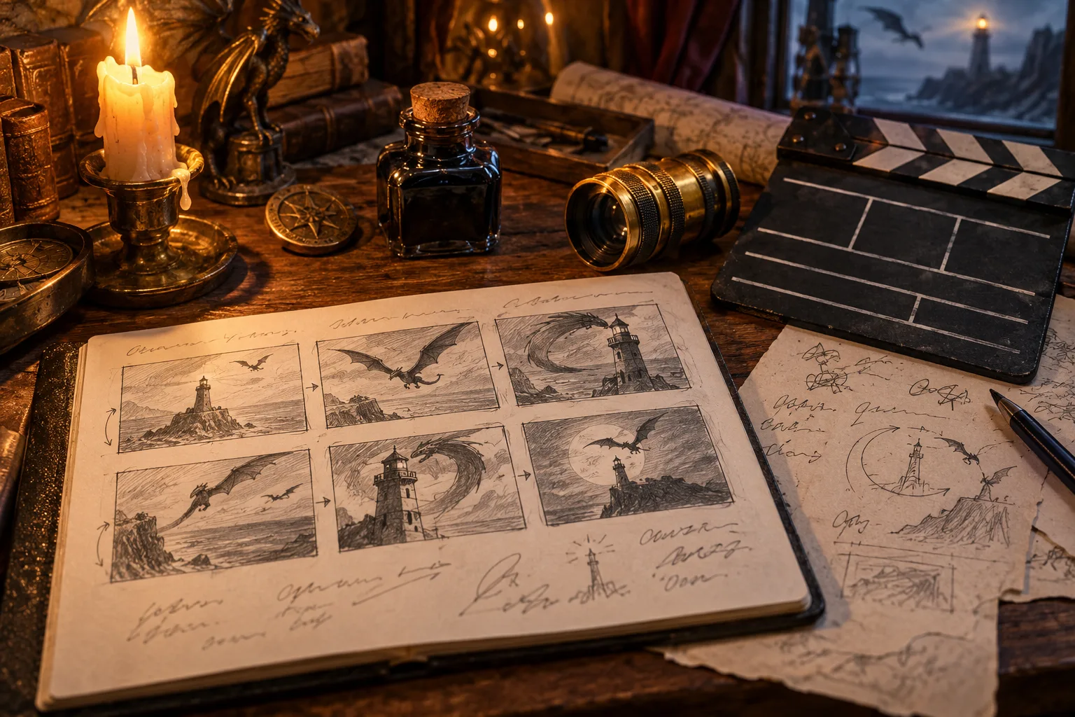 A fantasy director's desk holds a small storyboard of a dragon circling a lighthouse, with a brass lens and blank timing slate