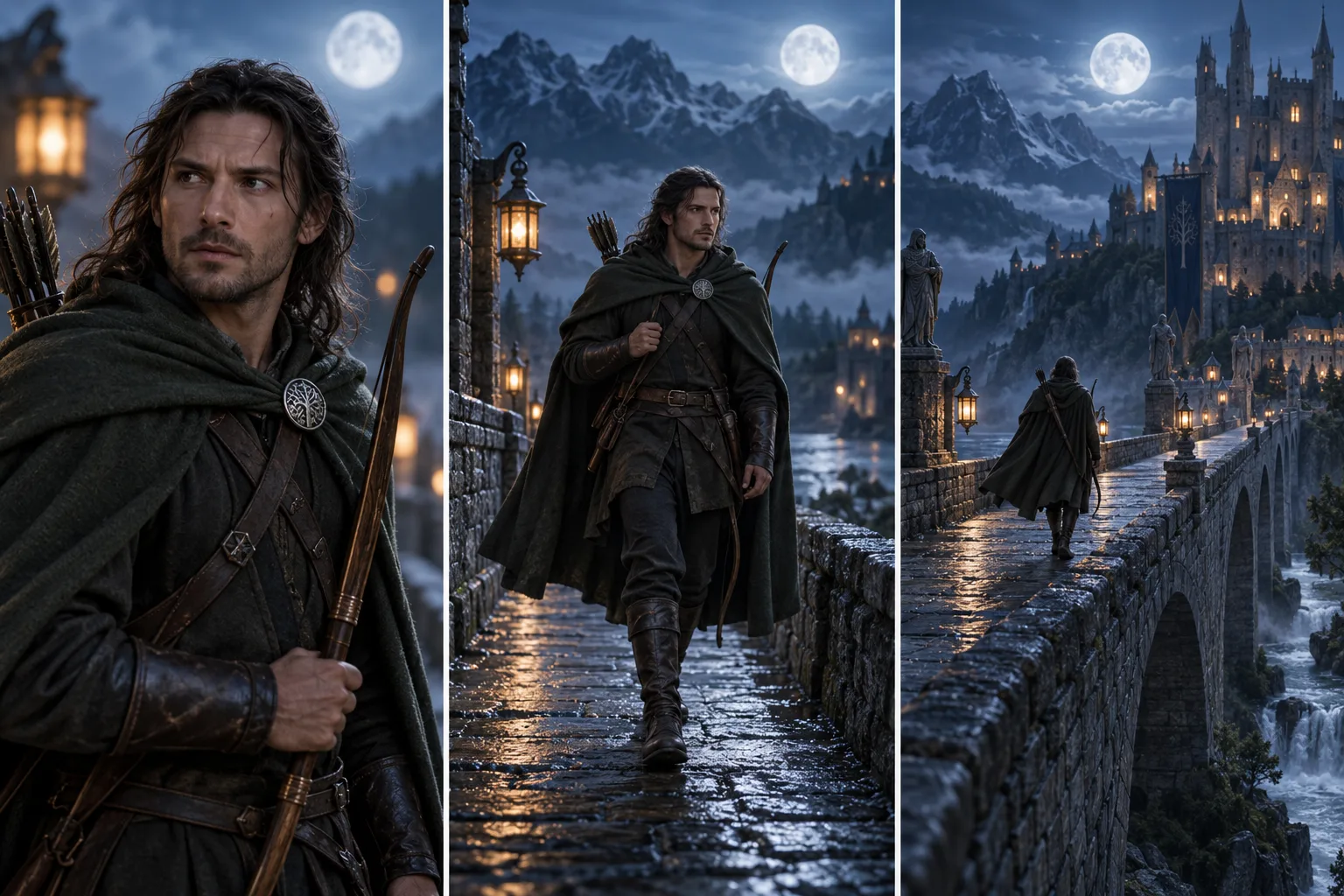 A fantasy ranger crosses a moonlit bridge in three storyboard frames for an AI video model comparison