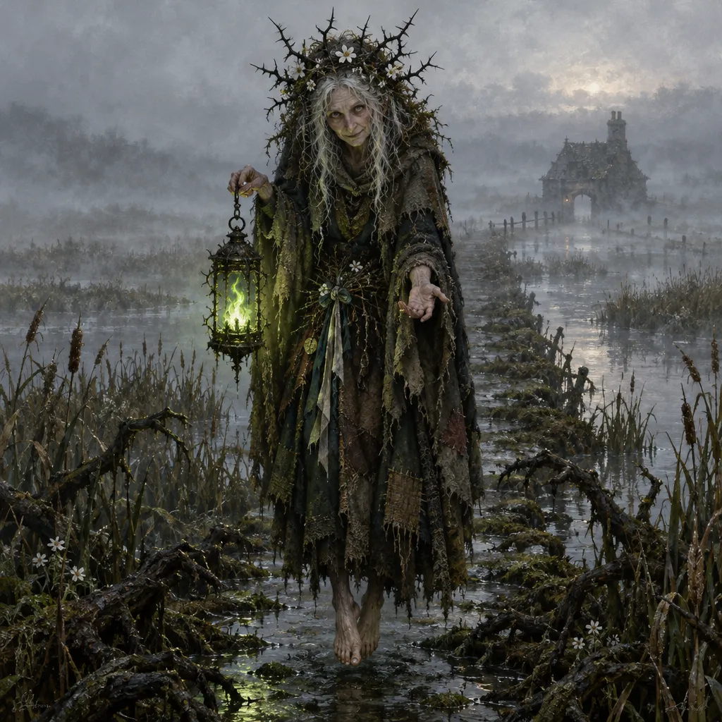 Auntie Kindly, a thorn-crowned bog witch holding a green-flame lantern on a flooded marsh causeway, a real portrait made by the CharGen Monster Generator