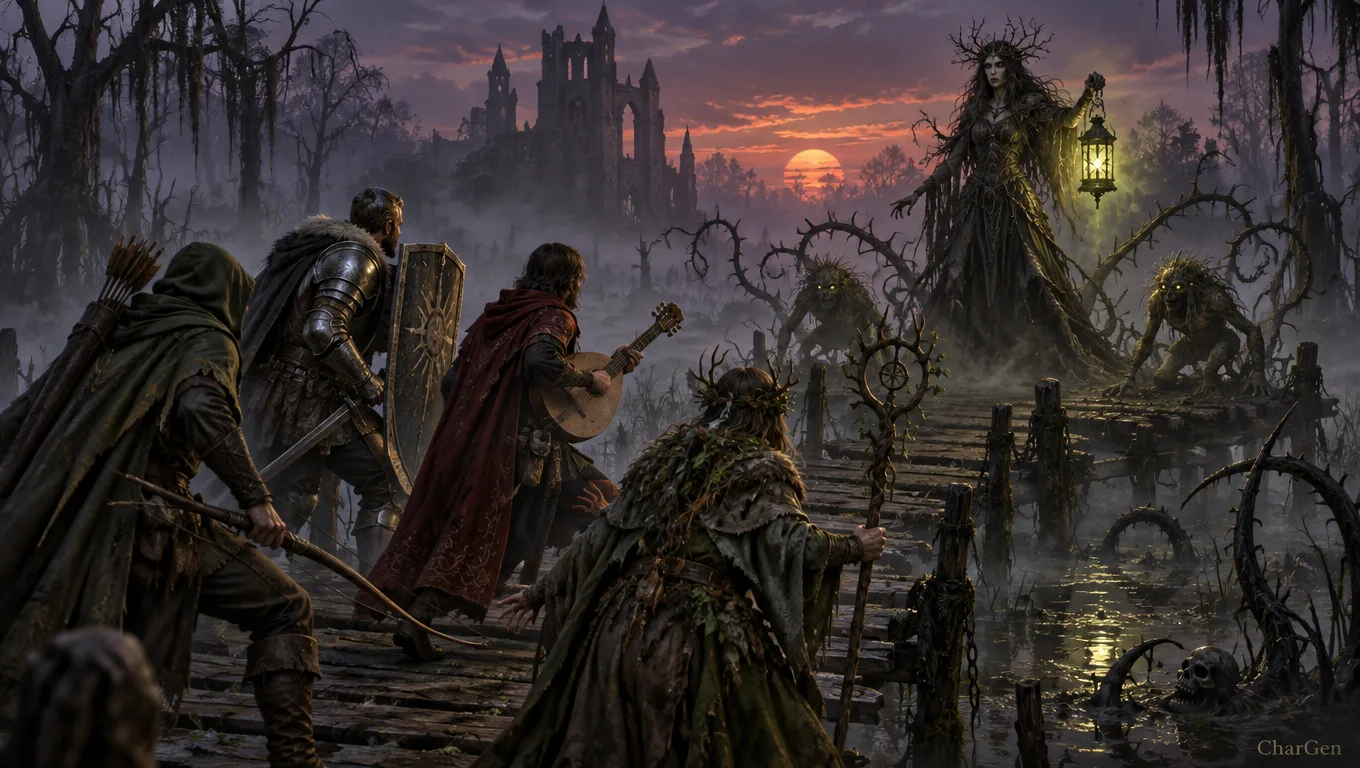 A party of four adventurers facing a thorn-crowned bog witch and two swamp creatures on a foggy wooden causeway at dusk