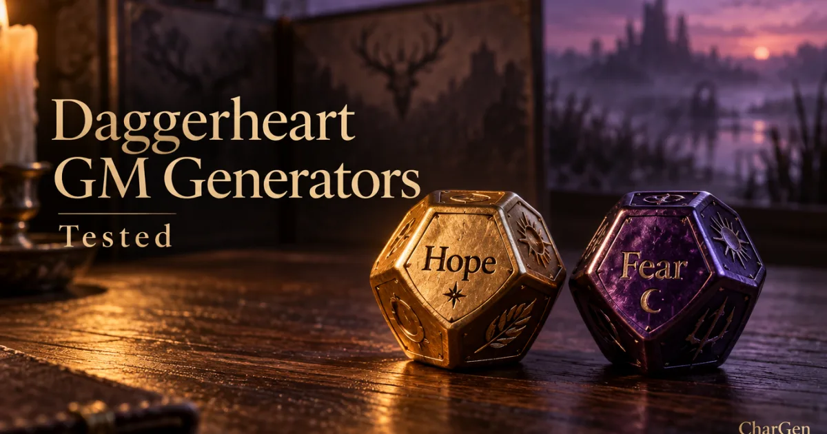 Gold Hope and violet Fear twelve-sided dice on a candlelit game table, with a blurred GM screen and a misty marsh at dusk behind them