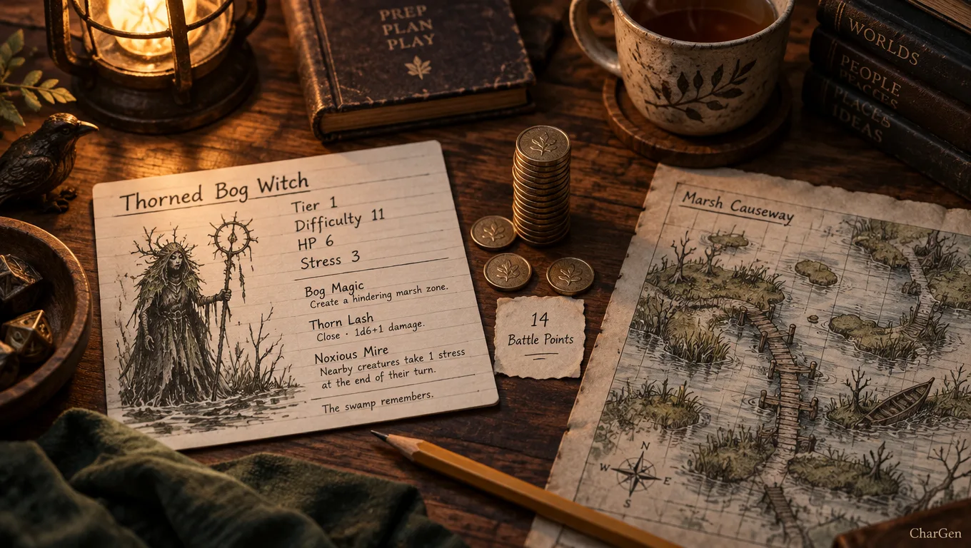 Illustration of a game master's prep desk with a handwritten bog witch stat card, a stack of coins counted as 14 Battle Points, a cup of tea and a hand-drawn marsh causeway map