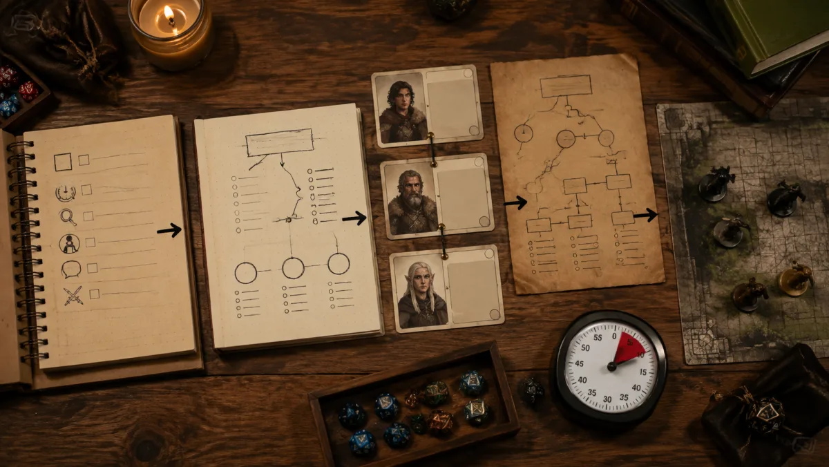 A 25-minute D&D campaign manager workflow from the last session recap to a reviewed next-session plan and one table-ready asset