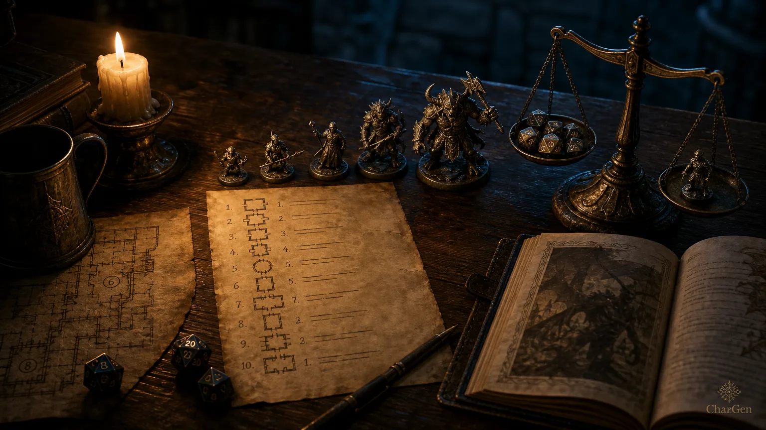 A Dungeon Master's desk at night with a numbered dungeon room key sheet, pewter monster miniatures and brass scales weighing dice against a miniature