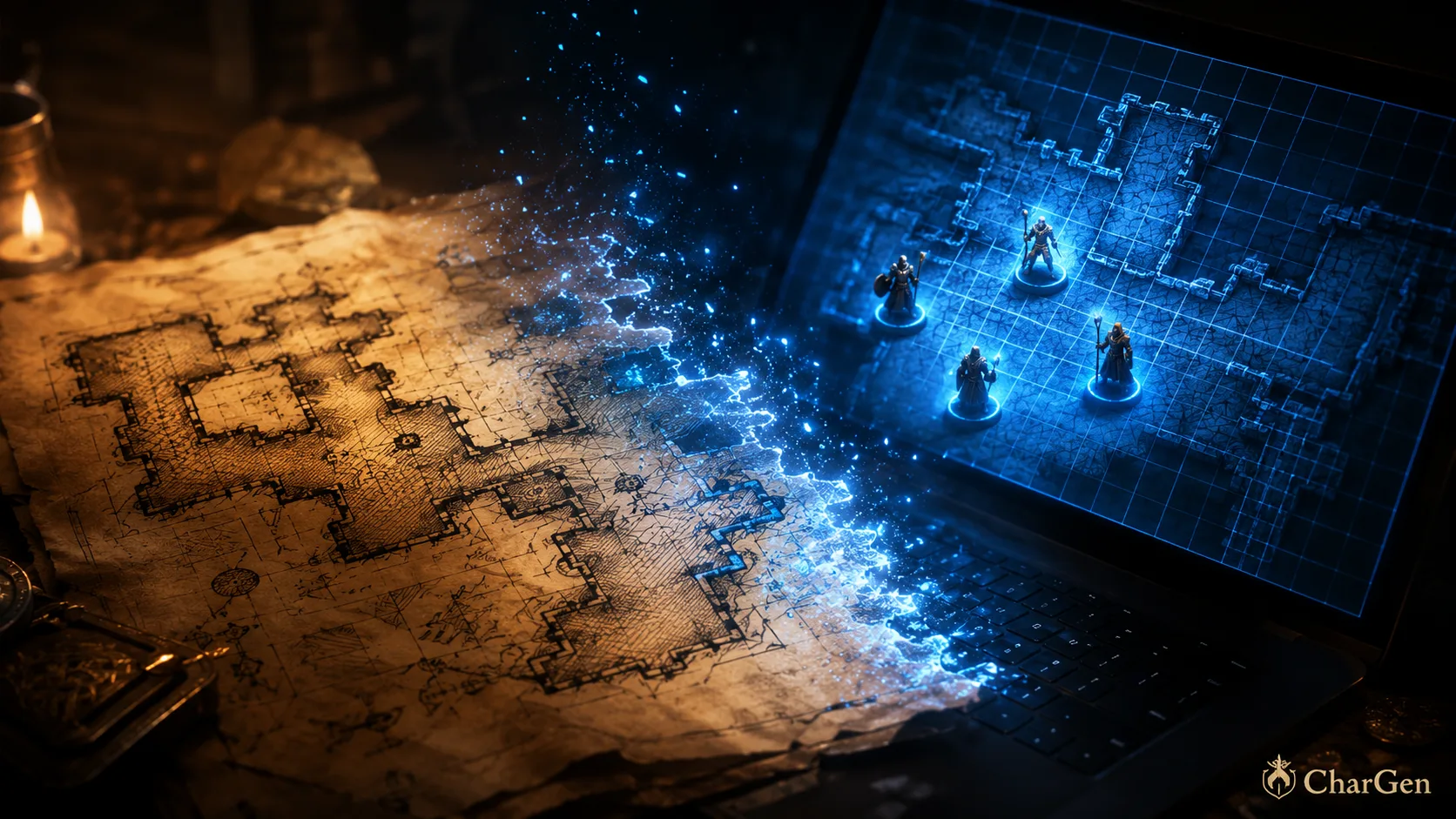 A hand-inked parchment dungeon map dissolving into a glowing square tactical grid with character tokens on a laptop screen