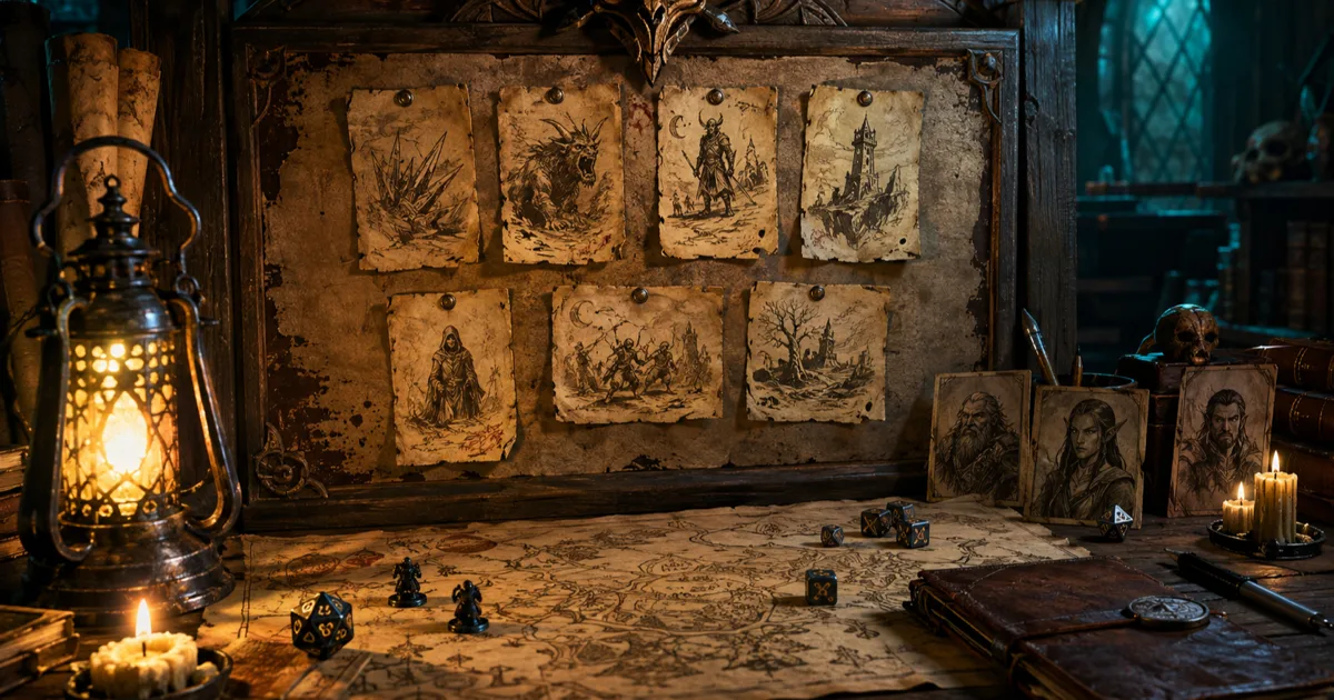 A Dungeon Master's quest board with seven tested D&D quest generator notes, a map, NPC cards, and dice
