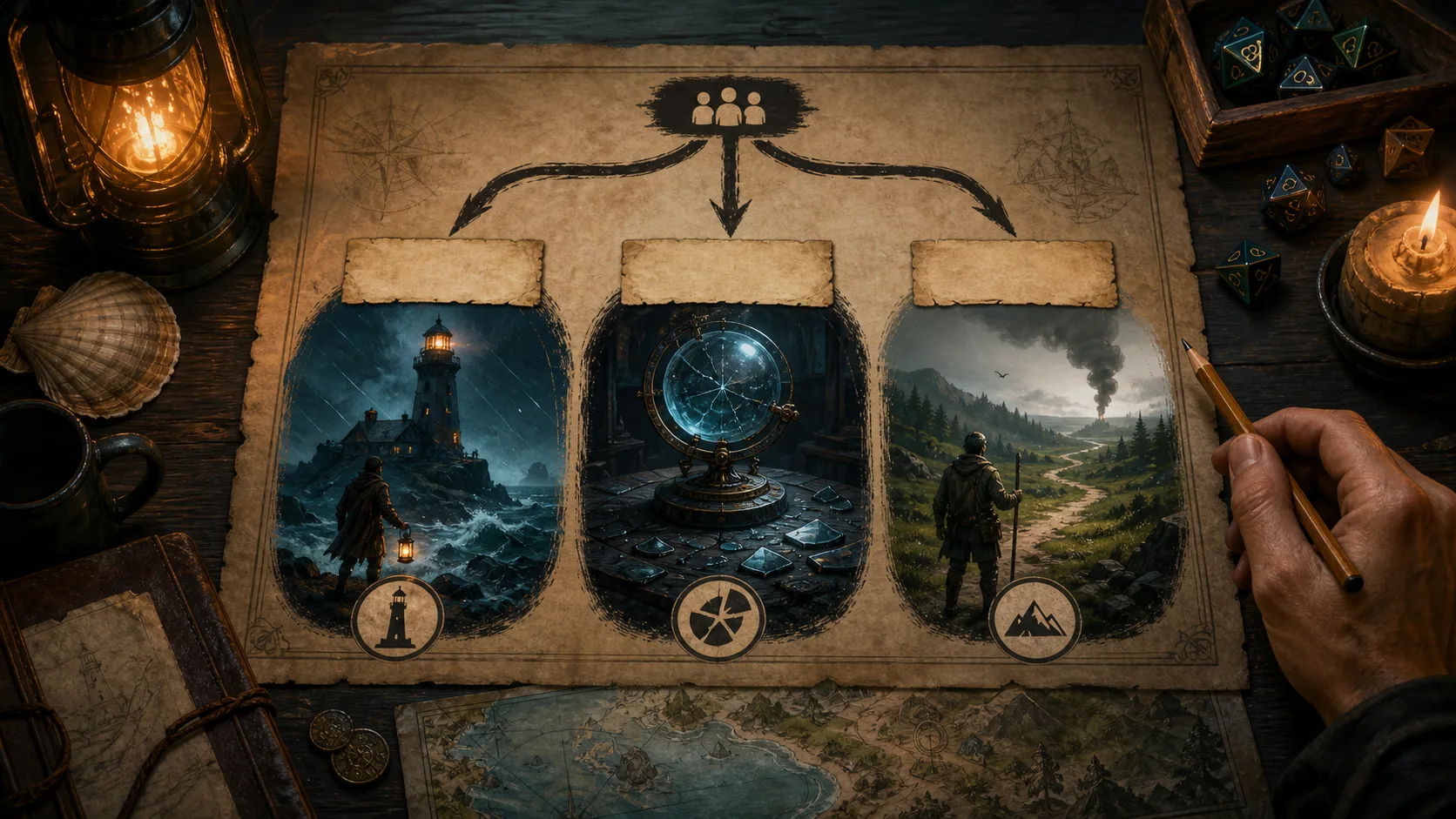 A D&D quest generator decision board shows three branching outcomes for a lighthouse adventure