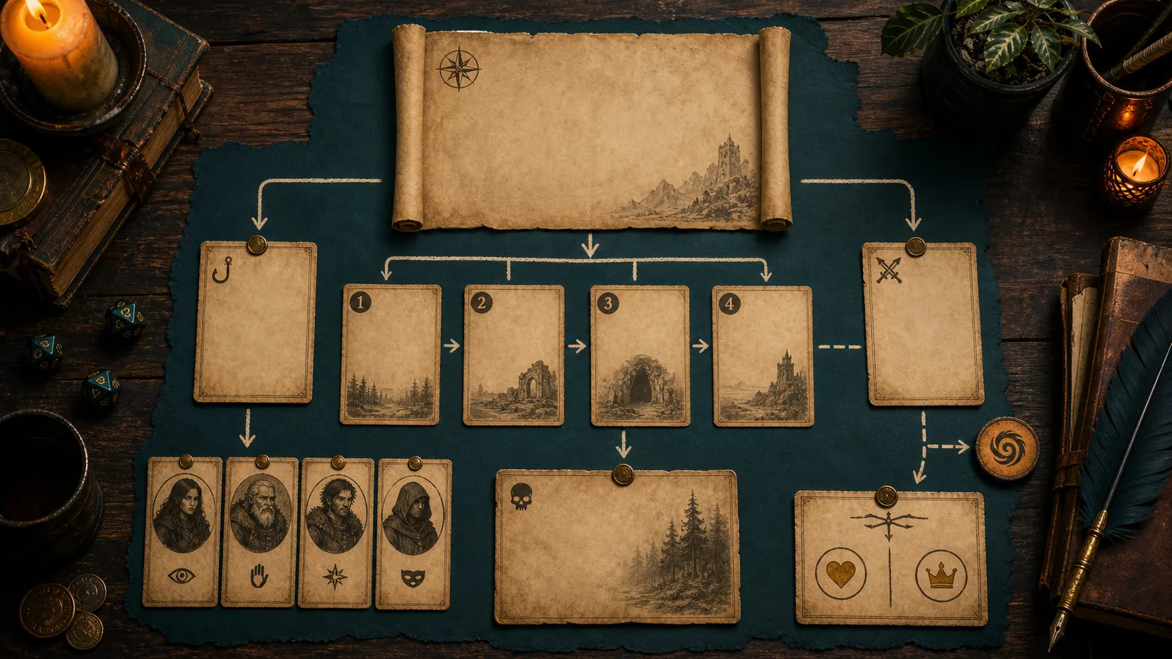 A D&D quest generator comparison workflow shows a raw hook becoming a cast, scenes, an encounter, a choice, and a table-ready handoff