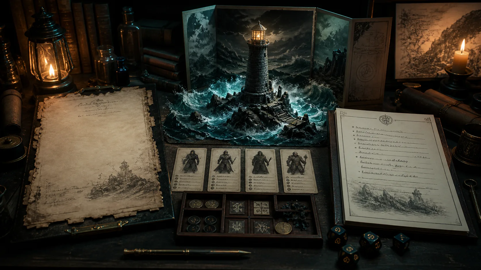 A generated D&D quest moves from a written lighthouse brief to a cast card, flooded chamber, choice at the ending, and a clean session handoff