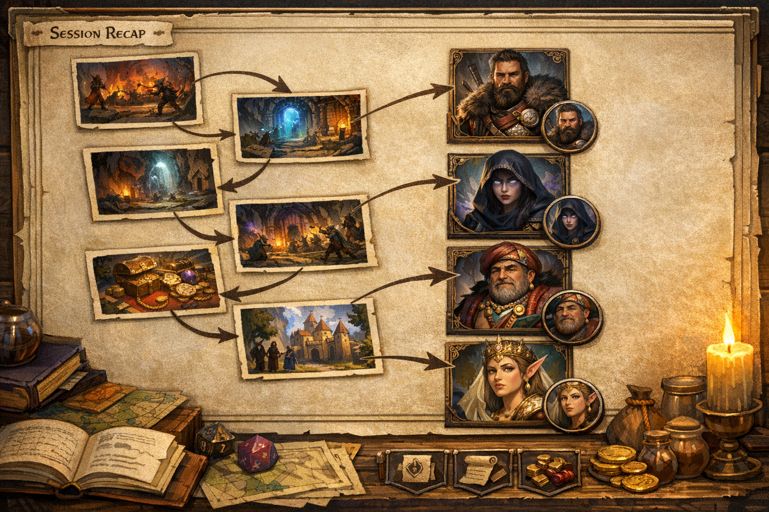 Session recap entries linked to recurring NPC portraits and token-ready references