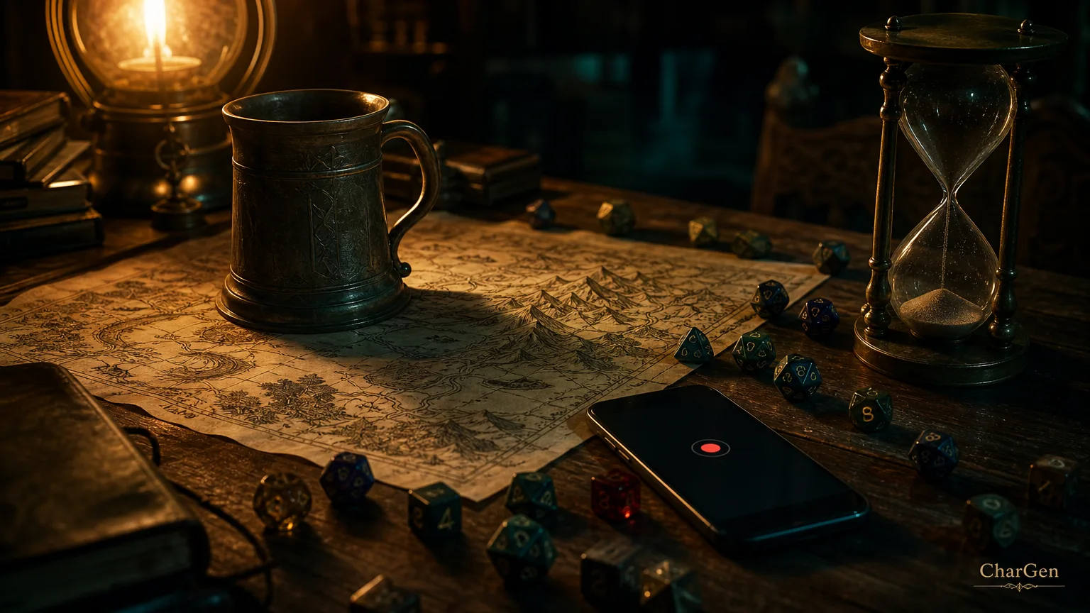 DM table at the end of a long session with dice, a map, a phone recording, and an hourglass running out